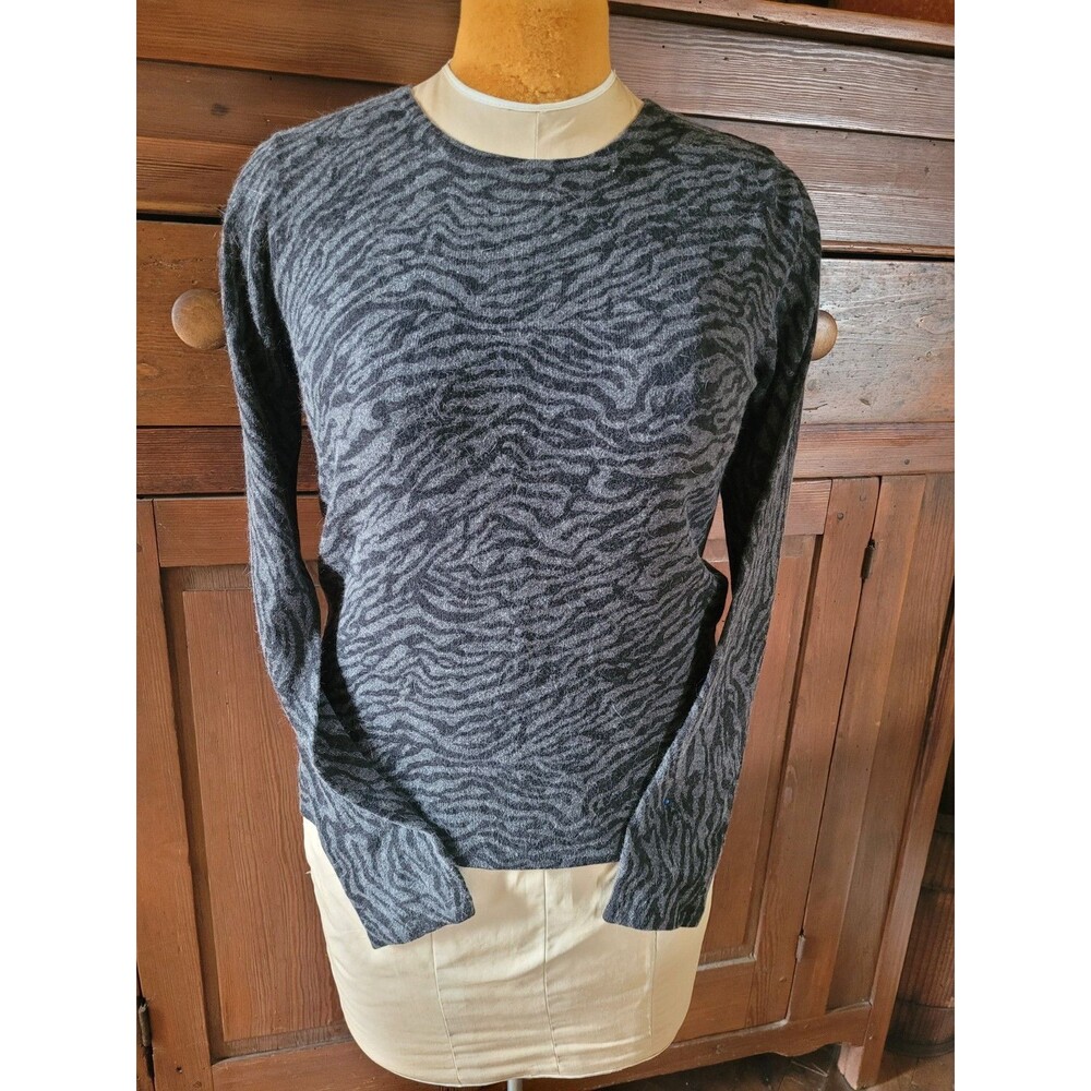 Nina Leonard Women's Gray Black Animal Print Silk Angora Cardigan MED